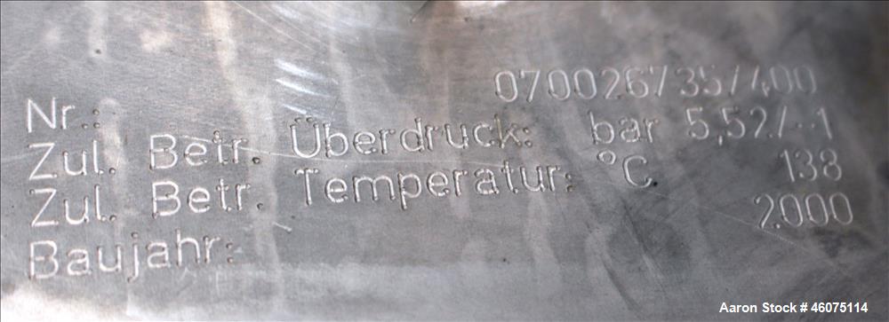 Used Watson Metal Masters Pressure Tank, 250 Gallon, 316L Stainless Steel, Vertical. 39-1/4" Diameter x 42" straight side, dished top & bottom. Internal rated 80 psi at -20 to 300 degrees F. Off cent...