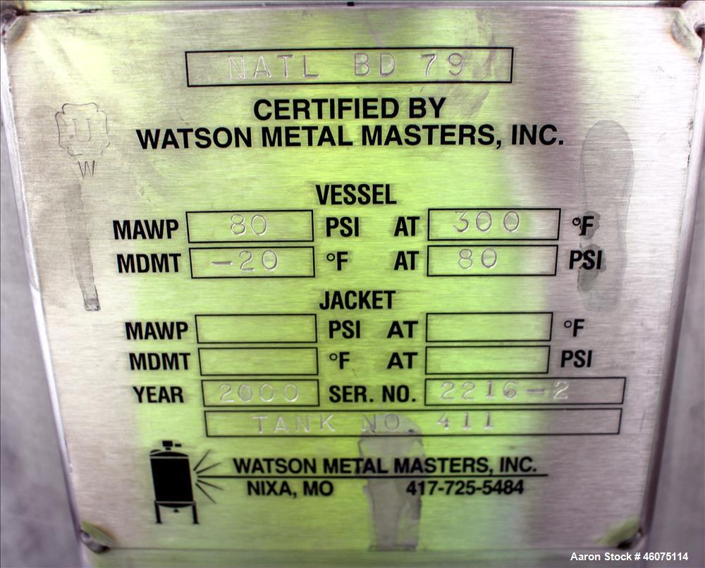 Used Watson Metal Masters Pressure Tank, 250 Gallon, 316L Stainless Steel, Vertical. 39-1/4" Diameter x 42" straight side, dished top & bottom. Internal rated 80 psi at -20 to 300 degrees F. Off cent...