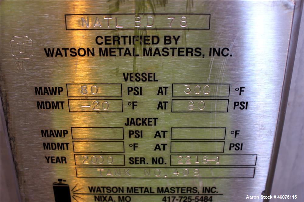 Used Watson Metal Masters Pressure Tank, 250 Gallon, 316L Stainless Steel, Vertical. 39-1/4" Diameter x 42" straight side, dished top & bottom. Internal rated 80 psi at -20 to 300 degrees F. Off cent...