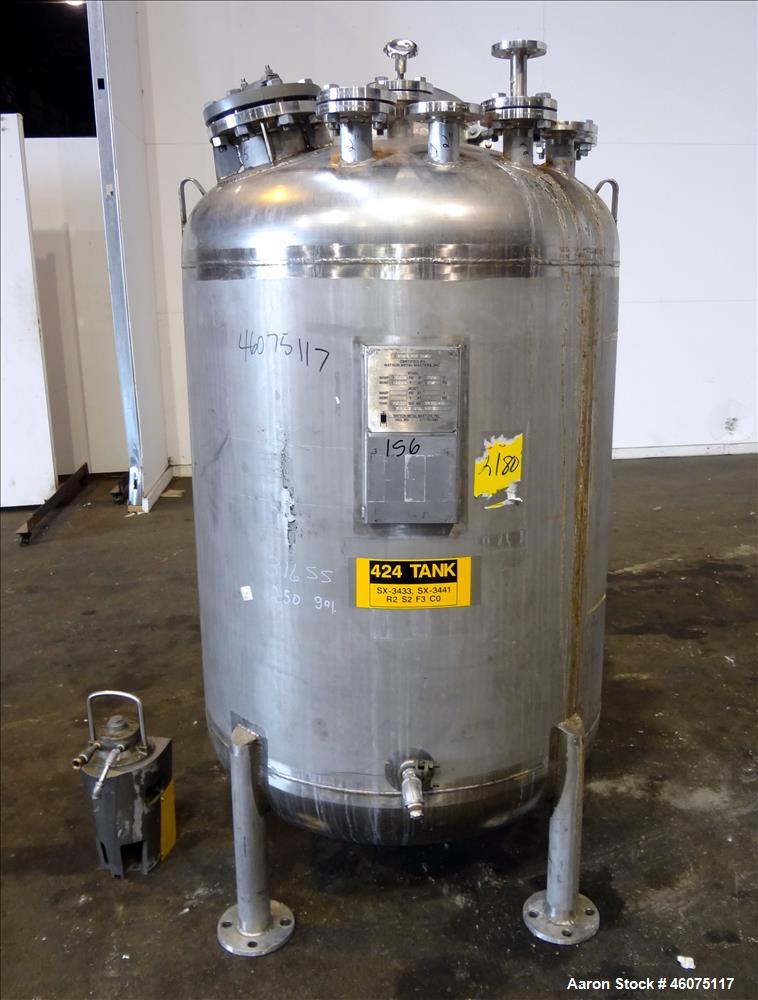 Used Watson Metal Masters Pressure Tank, 250 Gallon, 316L Stainless Steel, Vertical. 40" Diameter x 42" straight side, dished top & bottom. Internal rated 80 psi at -20 to 300 degrees F. Off center t...