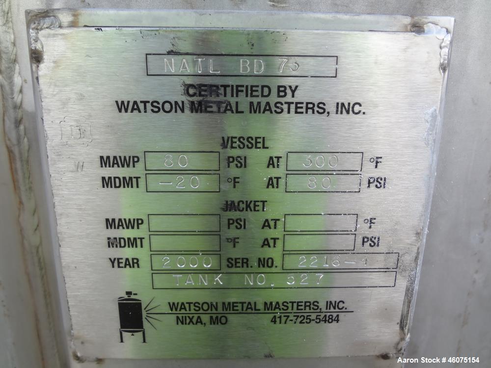 Used Watson Metal Masters Pressure Tank, 250 Gallon, 316L Stainless Steel, Vertical. 39.25" Diameter x 42" straight side, dished top & bottom. Internal rated 80 psi at -20 to 300 degrees F. Off cente...
