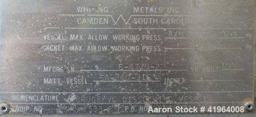 Used Whiting Metals Tank, 400 Gallon, 316 stainless steel, vertical. 48" diameter x 48" straight side, dished top and bottom, vessel rated to 150 deg F. Top entering Philadelphia agitator, model PMV-...