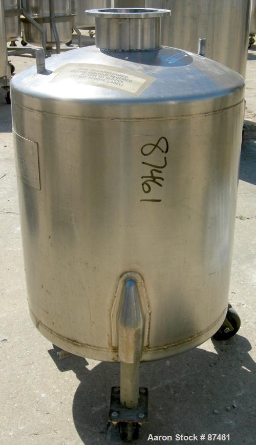 Used Will Flow Pressure Tank, 60 Gallon, 304 Stainless Steel, Vertical. 24" Diameter x 27" straight side, dish top and bottom. Internal rated 25 psi at 100 deg F. Openings: top (2) 5/8" NPT, 6"; 5/8"...
