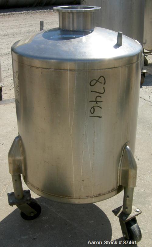 Used Will Flow Pressure Tank, 60 Gallon, 304 Stainless Steel, Vertical. 24" Diameter x 27" straight side, dish top and bottom. Internal rated 25 psi at 100 deg F. Openings: top (2) 5/8" NPT, 6"; 5/8"...