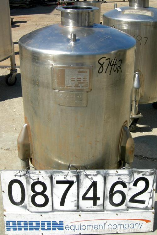 Used Will Flow Pressure Tank, 60 Gallon, 304 Stainless Steel, Vertical. 24" Diameter x 27" straight side, dish top and bottom. Internal rated 25 psi at 100 deg F. Openings: top (2) 5/8" NPT, 6"; 5/8"...