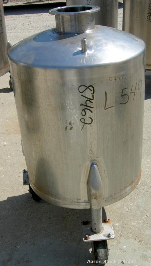 Used Will Flow Pressure Tank, 60 Gallon, 304 Stainless Steel, Vertical. 24" Diameter x 27" straight side, dish top and bottom. Internal rated 25 psi at 100 deg F. Openings: top (2) 5/8" NPT, 6"; 5/8"...