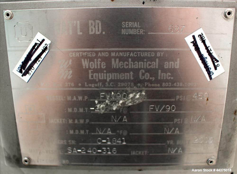 Used Wolfe Mechanical And Equipment Pressure Tank, 105 Gallon, 316 Stainless Steel, Vertical. 30" diameter x 30" straight side, dished top and bottom. Internal rated FV/90 psi at -20 to 450 degrees F...