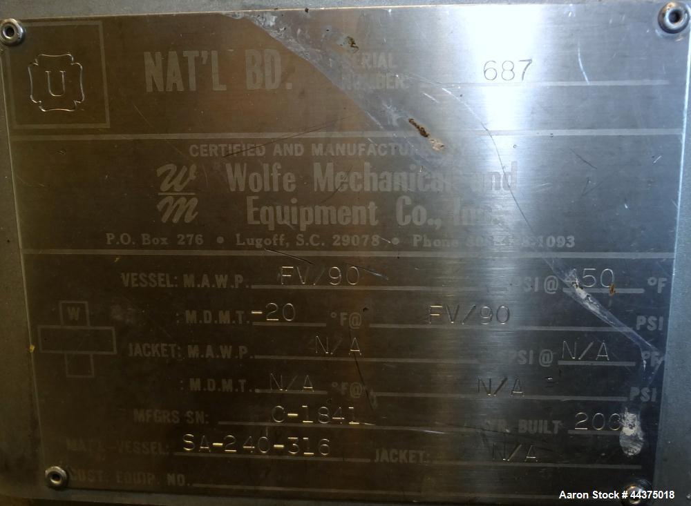 Used Wolfe Mechanical And Equipment Pressure Tank, 105 Gallon, 316 Stainless Steel, Vertical. 30" diameter x 30" straight side, dished top and bottom. Internal rated FV/90 psi at -20 to 450 degrees F...