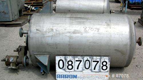 USED: Wolfe mechanical tank, 275 gallon, 304 stainless steel, vertical. Approximate 36" diameter x 60" straight side. Flat top, dish bottom. Openings: top (3) 2", (2) 3"; 2" center bottom outlet. (4)...