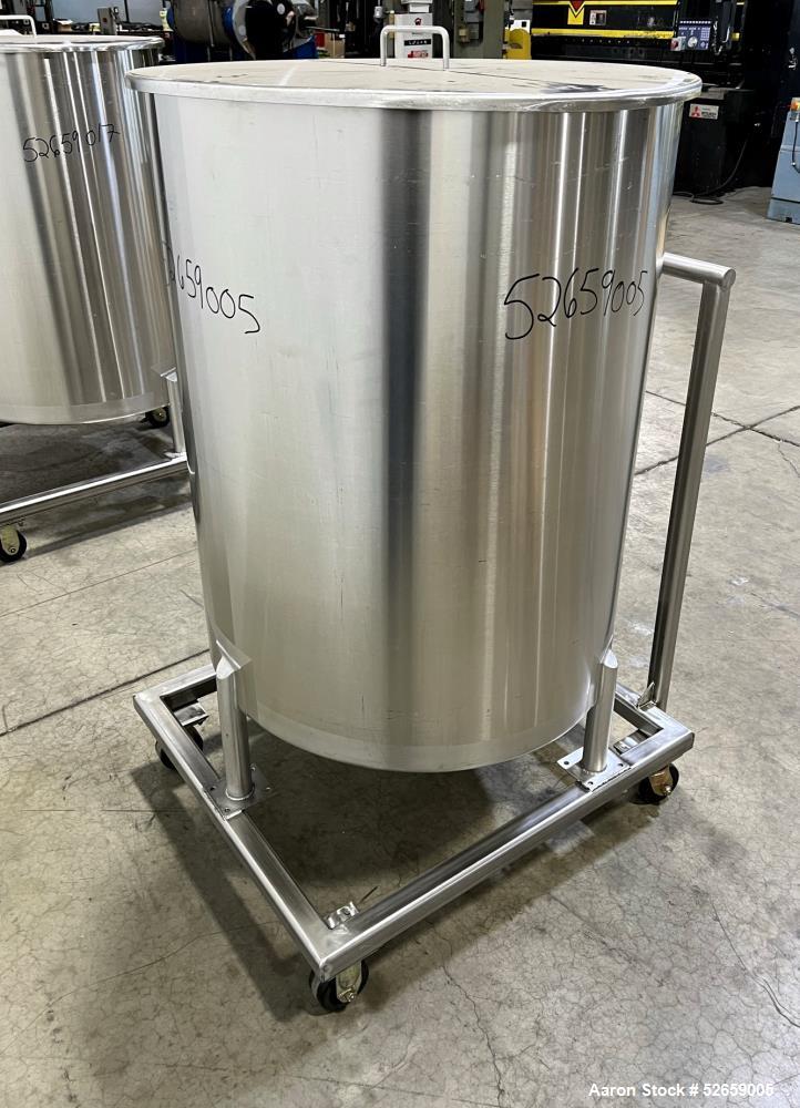Used Stainless Steel Tank, Approximate 140 Gallon, Vertical. Approximate 32" diameter x 40" straight side. Flat top with cover, slight sloped bottom. 1-1/2" side bottom outlet, 13" discharge height. ...