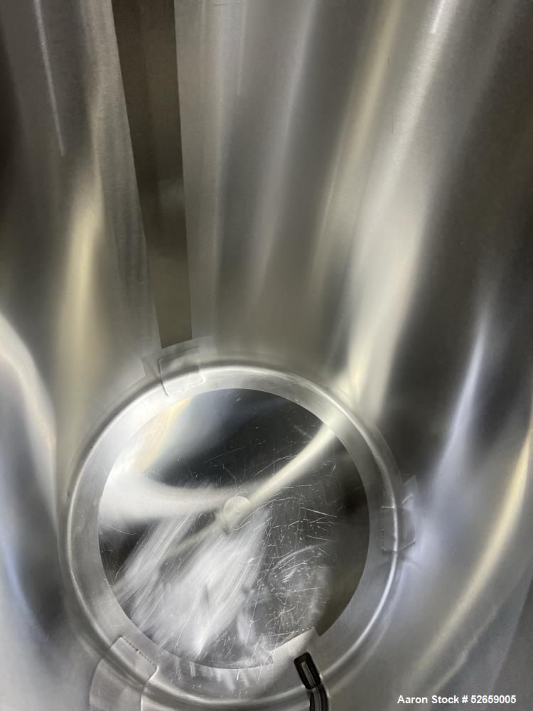 Used Stainless Steel Tank, Approximate 140 Gallon, Vertical. Approximate 32" diameter x 40" straight side. Flat top with cover, slight sloped bottom. 1-1/2" side bottom outlet, 13" discharge height. ...