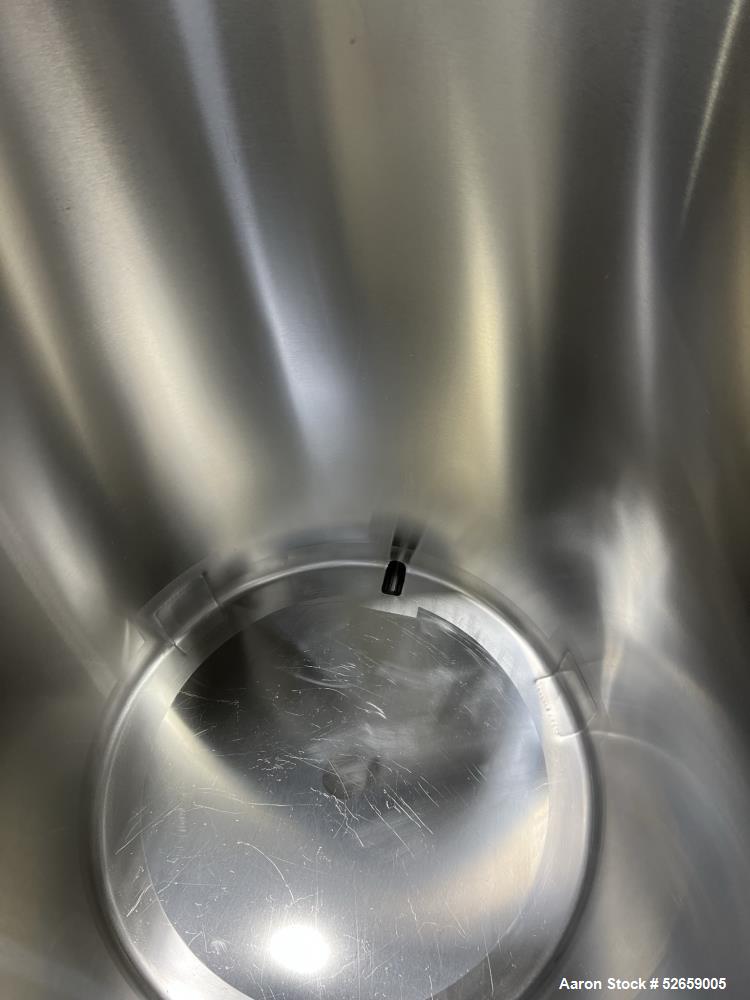 Used Stainless Steel Tank, Approximate 140 Gallon, Vertical. Approximate 32" diameter x 40" straight side. Flat top with cover, slight sloped bottom. 1-1/2" side bottom outlet, 13" discharge height. ...