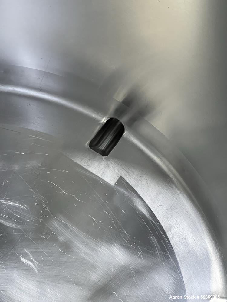 Used Stainless Steel Tank, Approximate 140 Gallon, Vertical. Approximate 32" diameter x 40" straight side. Flat top with cover, slight sloped bottom. 1-1/2" side bottom outlet, 13" discharge height. ...