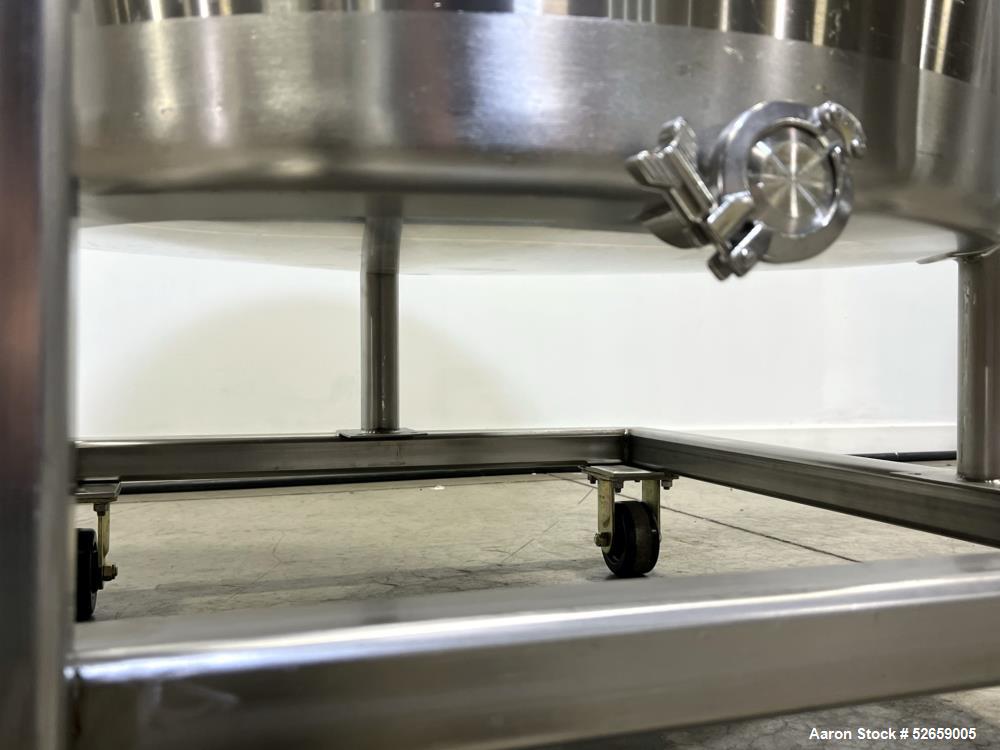 Used Stainless Steel Tank, Approximate 140 Gallon, Vertical. Approximate 32" diameter x 40" straight side. Flat top with cover, slight sloped bottom. 1-1/2" side bottom outlet, 13" discharge height. ...