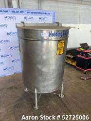 Used- Stainless Steel Tank, Approximate 100 Gallon, Stainless Steel, Vertical. Flat top, pitched bottom. Bottom outlet. Moun...