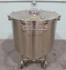 Used- 92 Gallon (350 Liter) Sanitary Stainless Steel tanks. Flat, lift off lid. Cone bottom to side bottom outlet. Electro-p...