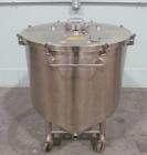 Used 92 Gallon (350 Liter) Sanitary Stainless Steel tanks. Flat, lift off lid. Cone bottom to side bottom outlet. Electro-polished inside. Portable, mounted on wheels. Built by AIF.