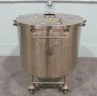 Used- 92 Gallon (350 Liter) Sanitary Stainless Steel tanks. Flat, lift off lid. Cone bottom to side bottom outlet. Electro-p...