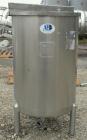 Used A&B Process Systems Tank, 50 Gallon, 304 Stainless Steel, Model RVT-50, Vertical. 22’’ diameter x 30’’ straight side. Flat open top, with cover, coned bottom. 1-1/2’’ tri-clamp center bottom out...