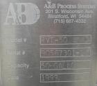 Used A&B Process Systems Tank, 50 Gallon, 304 Stainless Steel, Model RVT-50, Vertical. 22’’ diameter x 30’’ straight side. Flat open top, with cover, coned bottom. 1-1/2’’ tri-clamp center bottom out...
