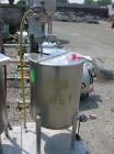 Used Alsop Tank, 25 gallon, stainless steel, vertical. 18'' diameter x 22'' straight side. Open top with a 1/2 hinged cover, sloped bottom. Clamp on Alsop air operated agitator, model 25DD. 3/4'' dia...