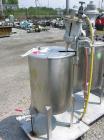 Used Alsop Tank, 25 gallon, stainless steel, vertical. 18'' diameter x 22'' straight side. Open top with a 1/2 hinged cover, sloped bottom. Clamp on Alsop air operated agitator, model 25DD. 3/4'' dia...