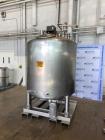 Used Mueller Jacketed Mix Tank, Approximate 500 Gallon, Stainless Steel, Vertical. Dimple jacket rated 75 PSI at -20 to 350 degrees F. Top mounted agitator with dual 3-blade props. Sidewall baffles. ...
