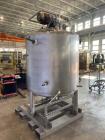 Used Mueller Jacketed Mix Tank, Approximate 500 Gallon, Stainless Steel, Vertical. Dimple jacket rated 75 PSI at -20 to 350 degrees F. Top mounted agitator with dual 3-blade props. Sidewall baffles. ...