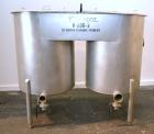 Used Dual Holding Tank, Approximately 200 Total Gallon, 304 Stainless Steel, Vertical. Consisting of (2) 30’’ diameter x 24’’ deep tanks, sloped bottoms. (1) 11’’ deep oval top common section with (2...