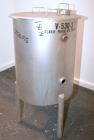 Used Tank, 65 Gallon, 304 Stainless Steel, Vertical. 24-1/2’’ Diameter x 33’’ straight side. Flat open top with a 1 piece cover, sloped bottom. Openings side 1-1/2’’, 1-1/2’’ tri-clamp, 2’’ tri-clamp...