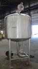 Used Tank, 450 Gallon, 304 Stainless Steel, Vertical. Approximate 60” diameter x 36” straight side, dished top and bottom. Top tangential inlet, top entering spray ball. Side 19” dameter man way with...