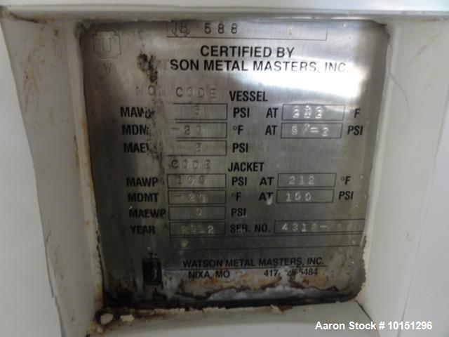 Used Watson Metal Masters 3,000 Gallon, Jacketed Tank
