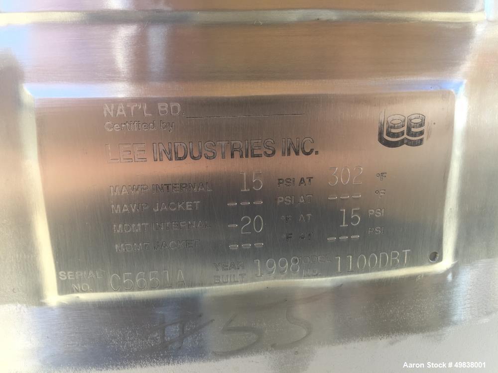 Used Lee Industries Model 1100DBT  304L Stainless Steel.Single Wall Tank,1100 gallon capacity. Approx. 5 dia. X 7 straight side. Dished top and Bottom 24" top manhole  (1) 6" dia. (1) 4" dia. Top inl...