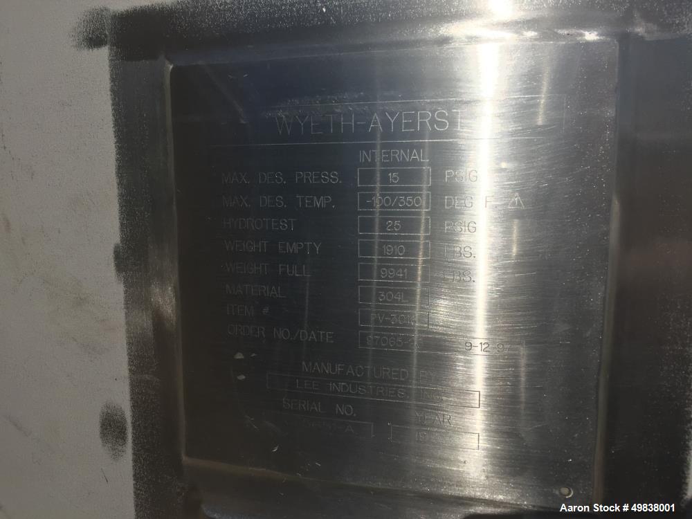 Used Lee Industries Model 1100DBT  304L Stainless Steel.Single Wall Tank,1100 gallon capacity. Approx. 5 dia. X 7 straight side. Dished top and Bottom 24" top manhole  (1) 6" dia. (1) 4" dia. Top inl...