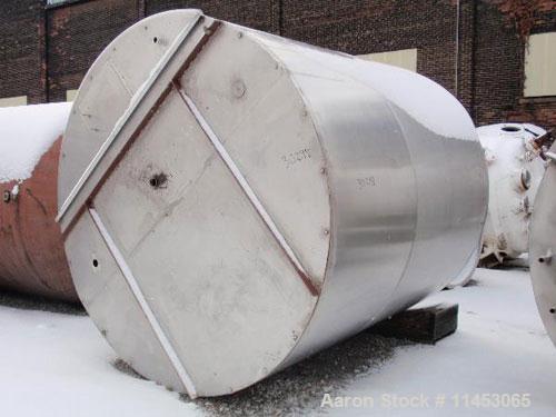 Unused-3000 gallon Tolan tank, stainless steel, 8' diameter x 8'6" straight side, flat bolt on top, slight dish bottom, 2" center bottom outlet, provision for 3 pipe legs.