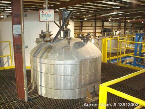 Unused-Used: 2500 gallon stainless steel mixing tank. Dish 144" side wall x 72" diameter, 19' overall height. 3 hp motor @ 100 rpm, 3" mix shaft dual blade turbine agittor. Inlets 2", 4", 8" and 10"....