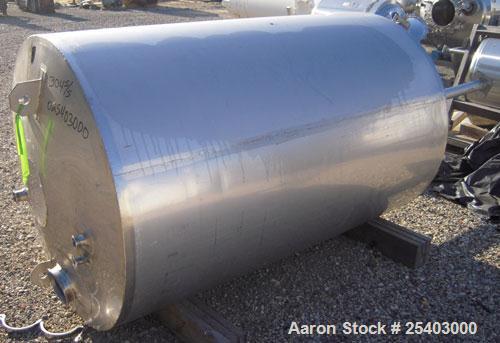 Used Alloy & Steel Fab tank, 1100 gallon, stainless steel, vertical. 68" diameter x 72" straight side. Flat top with 20" manway, sloped bottom. Bottom jacketed, rated 50 psi at 300 deg F. Agitator br...