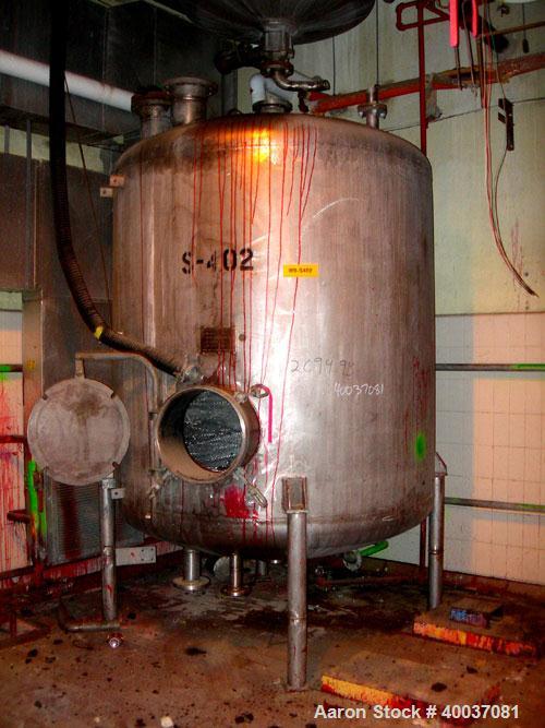 Used: Buckley Iron Works pressure tank, 1400 gallon, 304 stainless steel, vertical. 72" diameter x 72" straight side, dished top and bottom. Internal rated 15 psi at  350 deg.f.. Openings top 3", 2",...