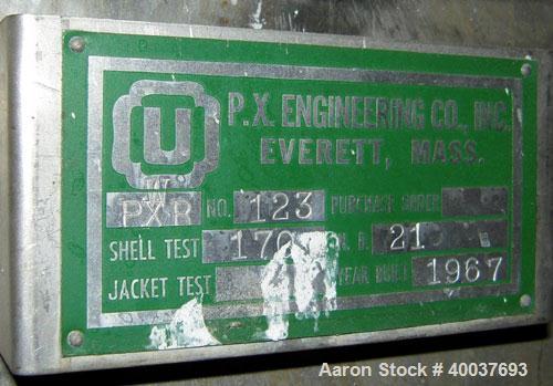 Used P.X. Engineering Tank, 2000 gallon, Stainless steel, Vertical. Approximately 84" diameter x 72" straight side, dished top and bottom. Top entering Cleveland agitator, model FGBS4, approximate 2"...