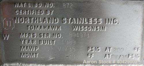 Used Northland Stainless pressure tank, 4800 gallon, 316 stainless steel, vertical. 101 1/2" diameter x  10'7" straight side, dished top and bottom. Internal rated FV and 35 psi at 200 deg F. Opening...