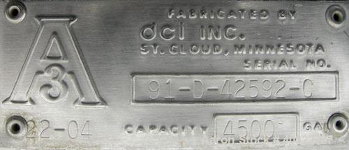 Used DCI tank, 4500 gallon, 304 stainless steel, jacketed. 89 1/4" diameter x 168" straight side. Dish top, sloped bottom. 22" bottom sidewall dimple jacket rated 150 psi @ 100 degrees F. Top opening...