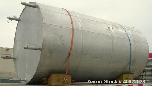 Used DCI tank, 4500 gallon, 304 stainless steel, jacketed. 89 1/4" diameter x 168" straight side. Dish top, sloped bottom. 22" bottom sidewall dimple jacket rated 150 psi @ 100 degrees F. Top opening...