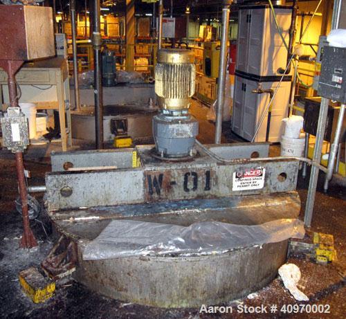 Used Imperial Mix Tank, 1,500 Gallon, Stainless Steel. Open top with hinged cover, dish bottom.  70" diameter x 8' straight side. (4) internal baffles.  Top center bridge mounted Falk agitator, 10 hp...