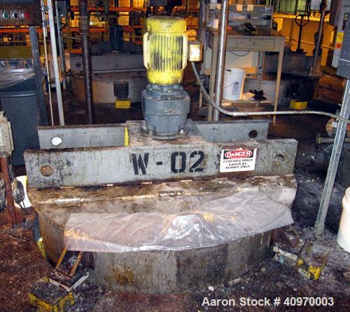 Used Imperial Mix Tank, 1,500 Gallon, Stainless Steel. Open top with hinged cover, dish bottom.  70" diameter x 8' straight side. (4) internal baffles.  Top center bridge mounted Falk agitator, 10 hp...