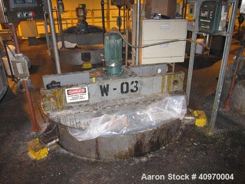 Used Imperial Mix Tank, 1,500 Gallon, Stainless Steel, Open top with hinged cover, dish bottom.  70" diameter x 8' straight side. (4) internal baffles.  Top center bridge mounted Falk agitator, 10 hp...