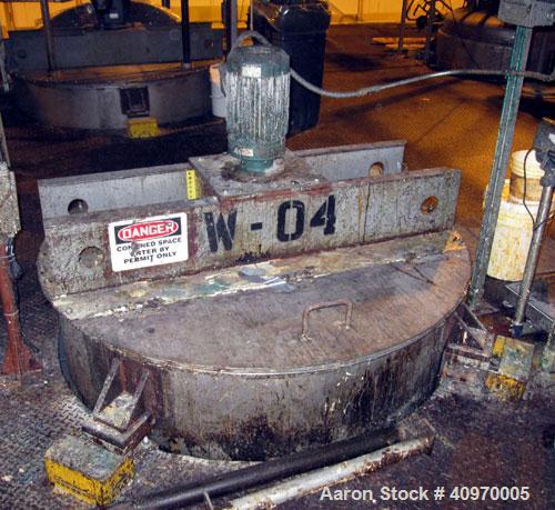 Used Mix Tank, 1,000 Gallon, Stainless Steel. Open top with hinged cover, dish bottom.  5' diameter x 74" straight side.  (4) internal baffles.  Top center bridge mounted Falk agitator, 5 hp having (...