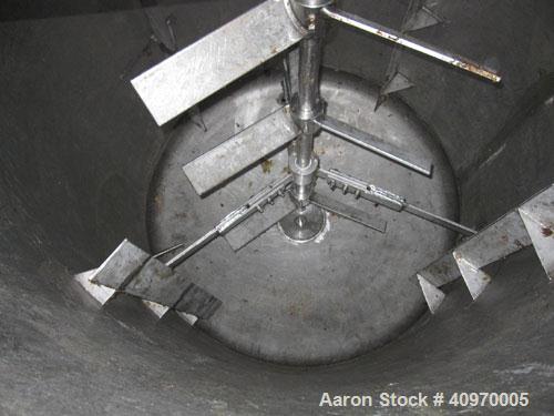 Used Mix Tank, 1,000 Gallon, Stainless Steel. Open top with hinged cover, dish bottom.  5' diameter x 74" straight side.  (4) internal baffles.  Top center bridge mounted Falk agitator, 5 hp having (...