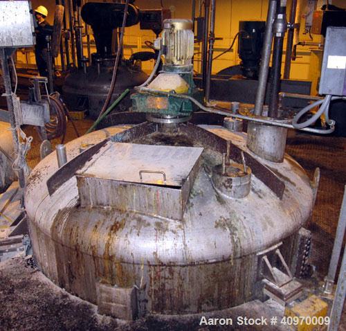 Used Mix Tank, 2,000 Gallon, Stainless Steel. Dish top and bottom, 7' diameter x 6' straight side.  (2) internal baffles.  Top center mounted agitator, approximately 7.5 hp with (2) 3 blade turbines....