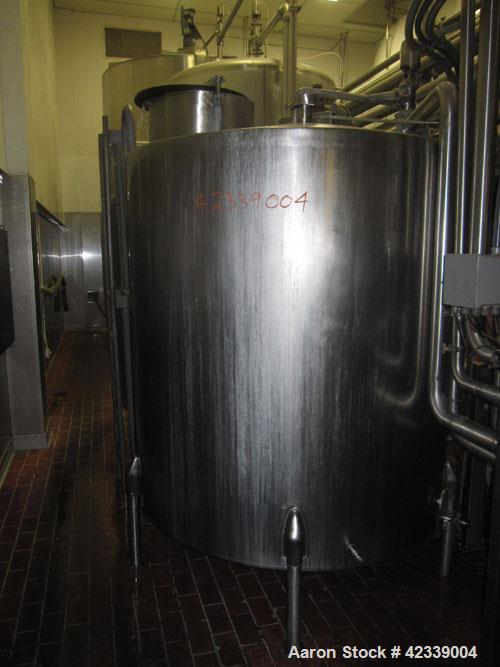 Used Tank, 1,100Gallon, stainless steel, 66" diameter x 70" straight side.Vertical, slight cone top, flat / pitched bottom.Top mounted / off center 1 hp agitator, 1745 rpm, connected to a 2" diameter...