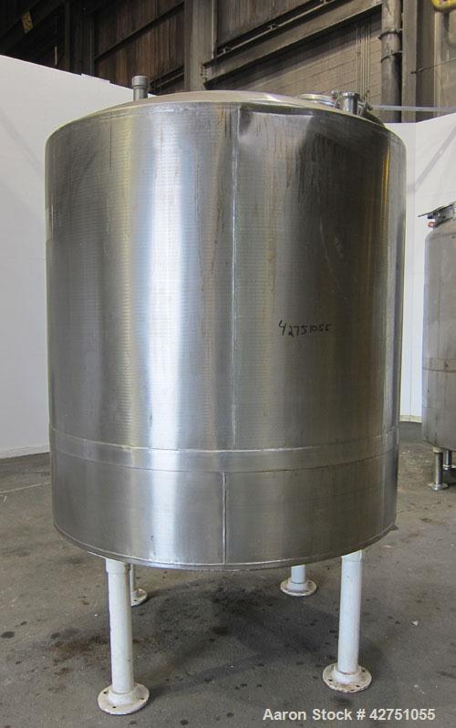 Used Tank, 1000 Gallon, 304 Stainless Steel, Vertical. 66" Diameter x 66" straight side, dished top, coned bottom. Openings top 1-1/2", (2) 2" NPT, (2) 3", 18" man way with cover. 2" Tri-clamp center...